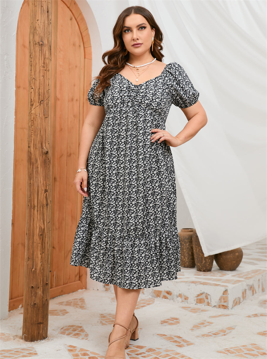 Plus Size Summer Short Sleeve Puff Sleeve Sweet A Line Ruffled Mid Length Dress
