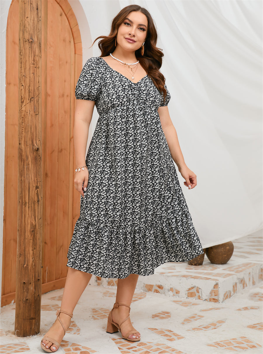 Plus Size Summer Short Sleeve Puff Sleeve Sweet A Line Ruffled Mid Length Dress