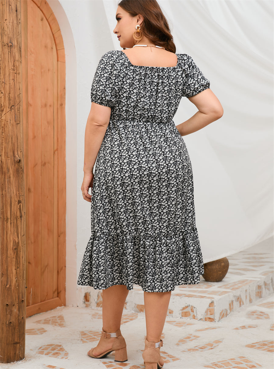 Plus Size Summer Short Sleeve Puff Sleeve Sweet A Line Ruffled Mid Length Dress