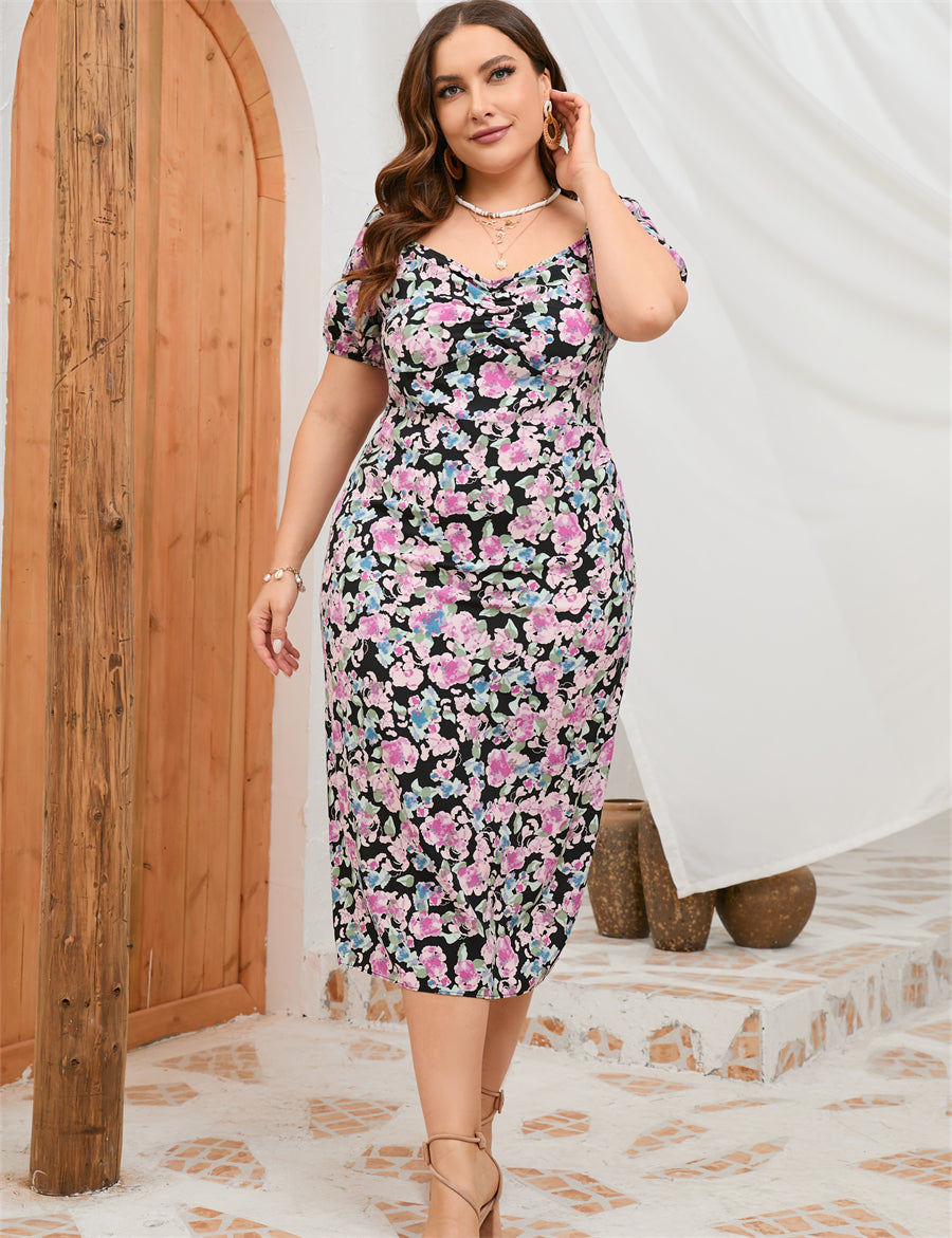 Plus Size Women Summer Puff Sleeve Slim Fit High Waist Hip Dress Rear Split Dress