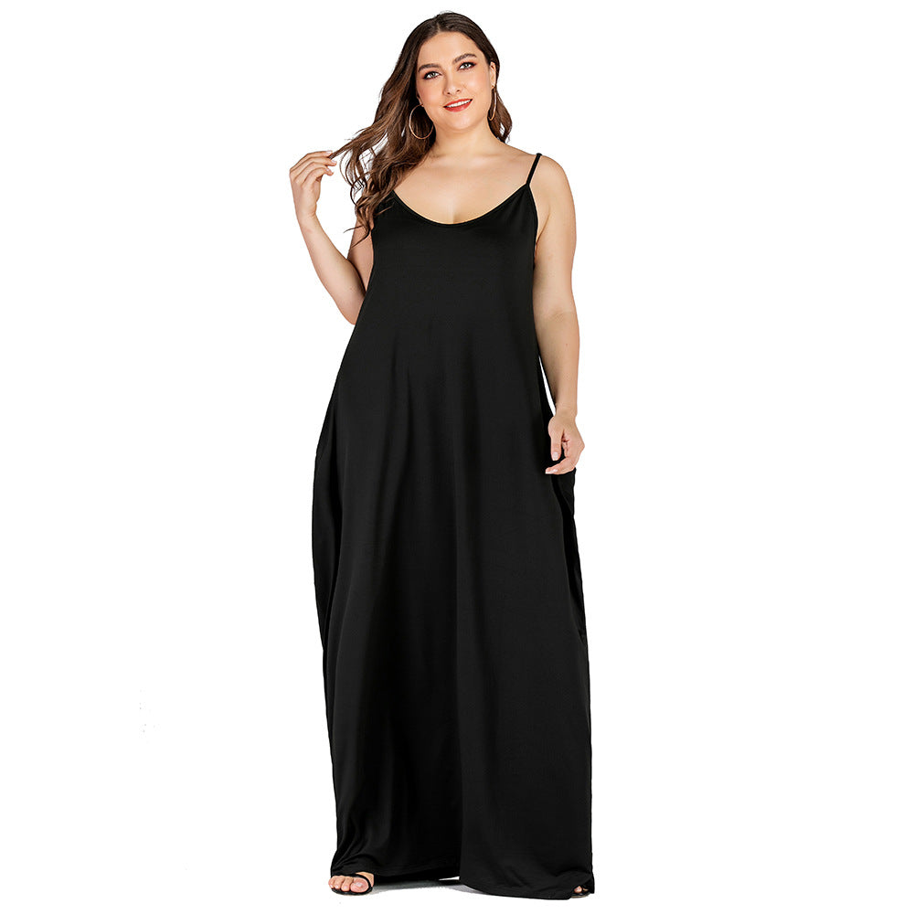 Plus Size Summer Women Clothing Solid Color Loose Double Pocket Strap Maxi Dress