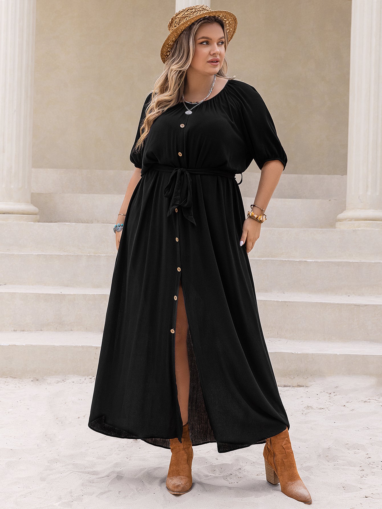Plus Size All Matching Waist Half Open round Neck Retro Women Dress