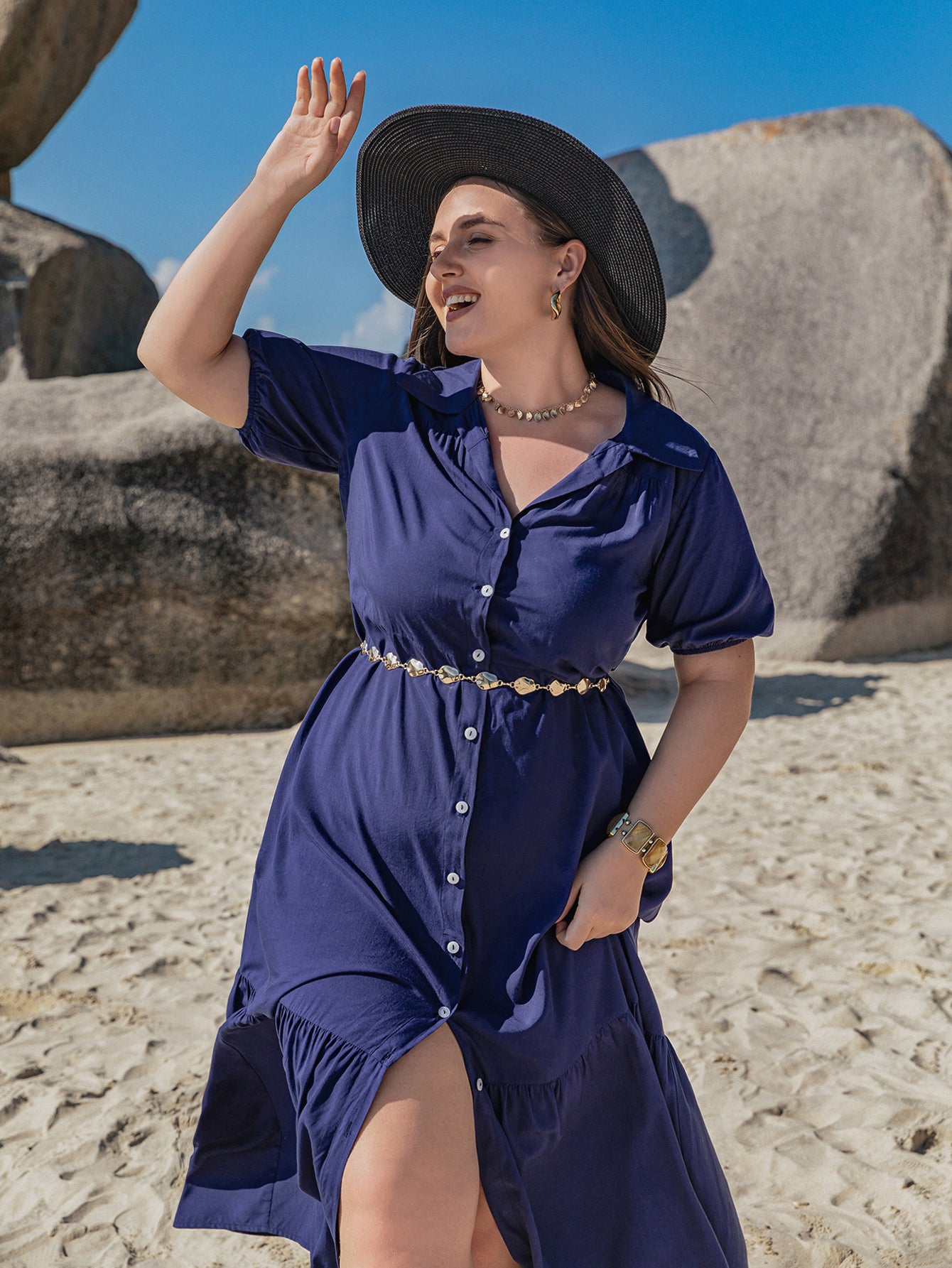 Plus Size Bohemian Mixed Batch Loose Button V neck Split Comfortable Holiday Women Dress Maxi Dress