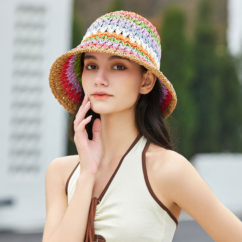 Women Colorful Woven Straw Hat Spring Summer Hollow Out Cutout out Bucket Hat Breathable Face Looking Small Bucket Hat Bucket Hat Sun Protection Hat