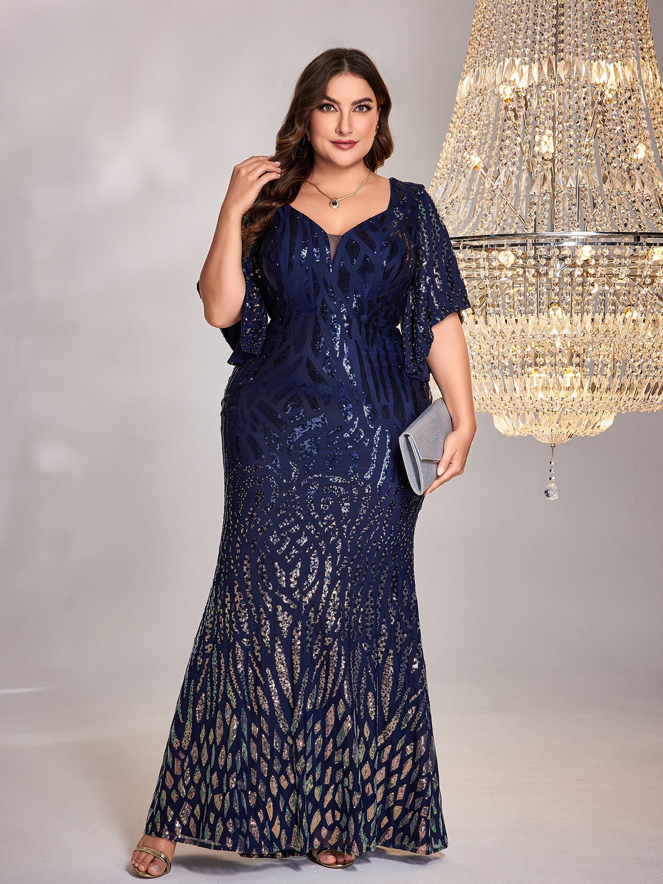 plus Size Long Sleeve Deep V Plunge Sexy Dress Slim Fishtail plus Size Evening Dress Cocktail Party Dress Women