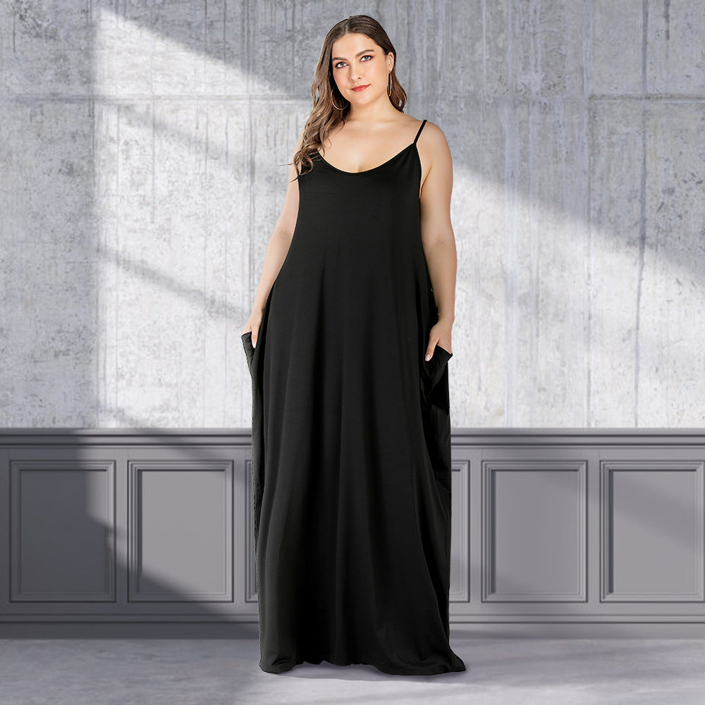 Plus Size Summer Women Clothing Solid Color Loose Double Pocket Strap Maxi Dress