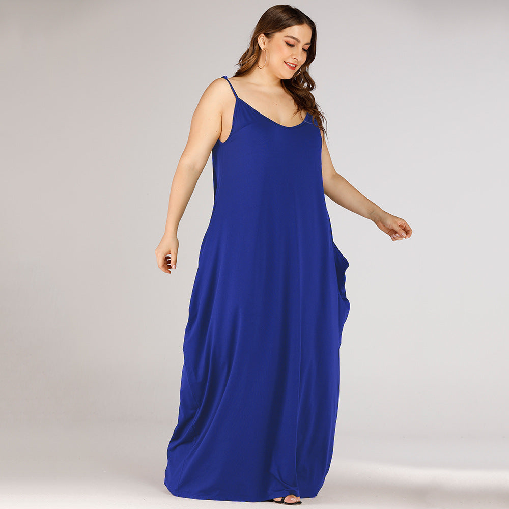 Plus Size Summer Women Clothing Solid Color Loose Double Pocket Strap Maxi Dress