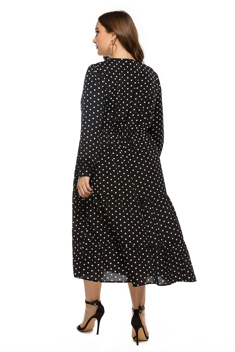 Plus Size Autumn Winter Stylish Loose Women V-neck Long Sleeve Polka Dot Dress