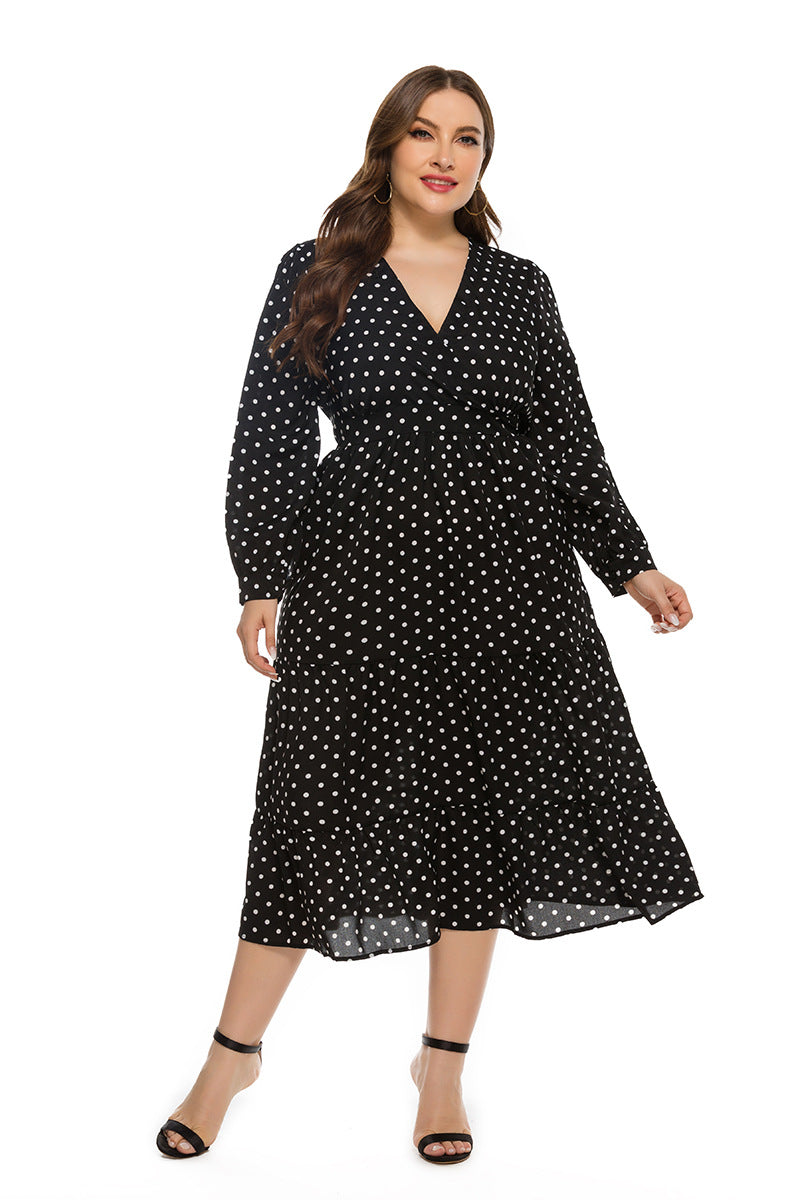 Plus Size Autumn Winter Stylish Loose Women V-neck Long Sleeve Polka Dot Dress