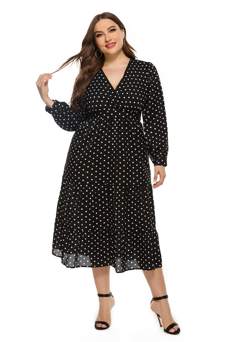 Plus Size Autumn Winter Stylish Loose Women V-neck Long Sleeve Polka Dot Dress
