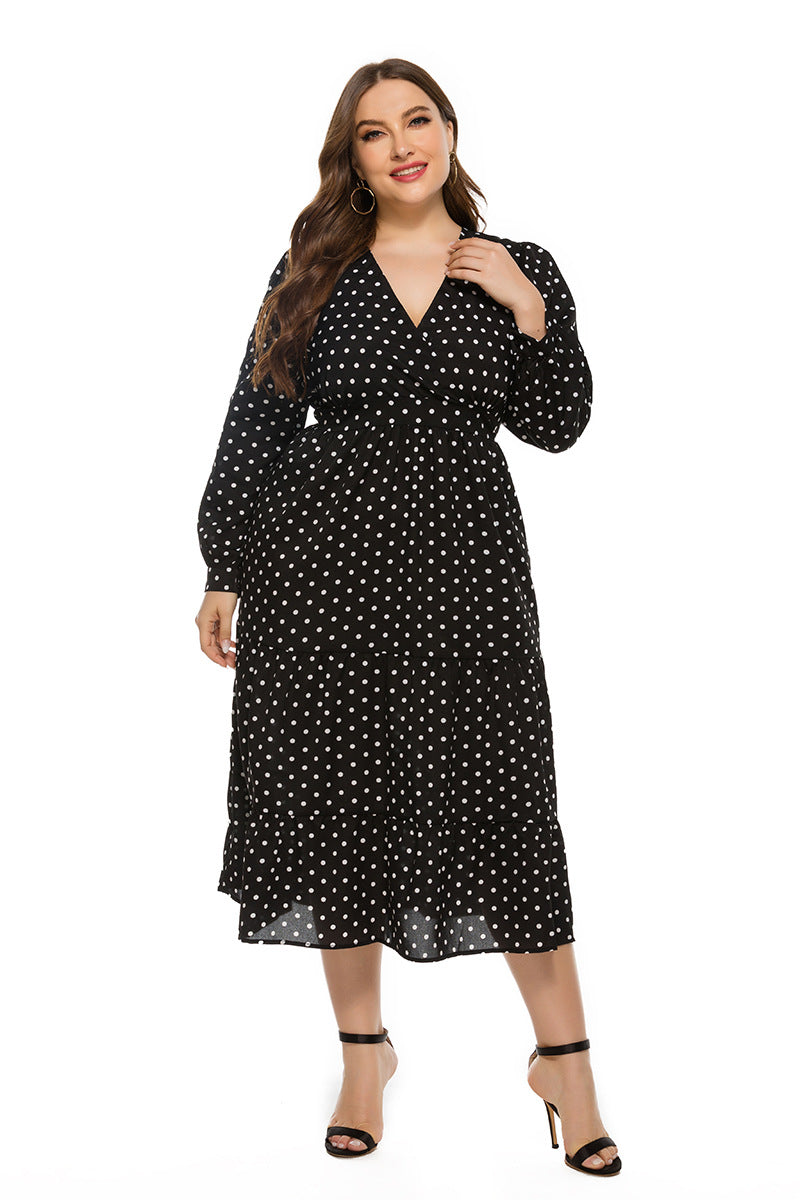 Plus Size Autumn Winter Stylish Loose Women V-neck Long Sleeve Polka Dot Dress