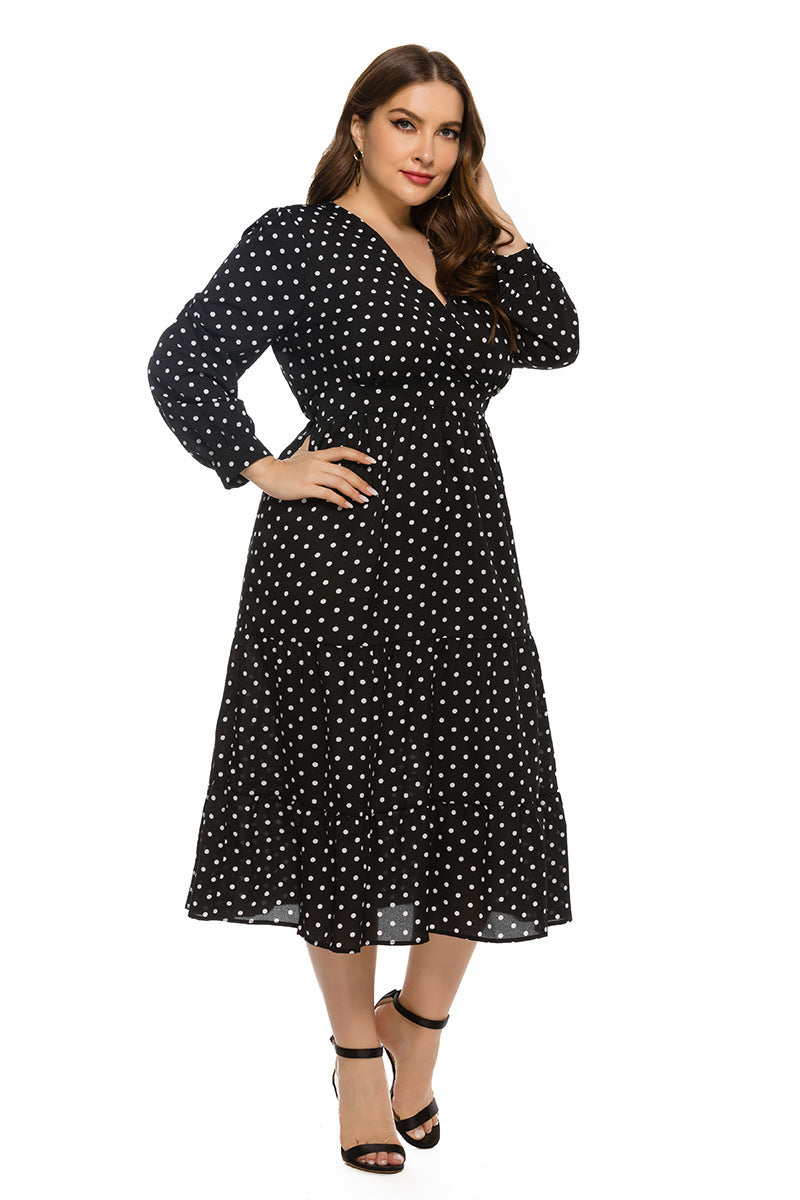 Plus Size Autumn Winter Stylish Loose Women V-neck Long Sleeve Polka Dot Dress
