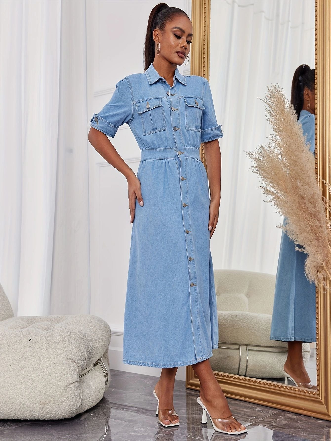 Denim Dress Street Trend Personal Casual Spring Summer Denim A line Dress for Women