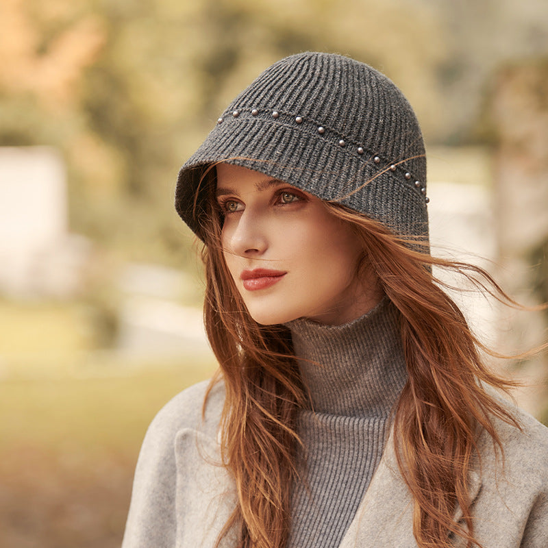 Knitted Wool Bucket Hat Women Big Head Thickened British Winter Hat Warm Ear Protection Sleeve Cap
