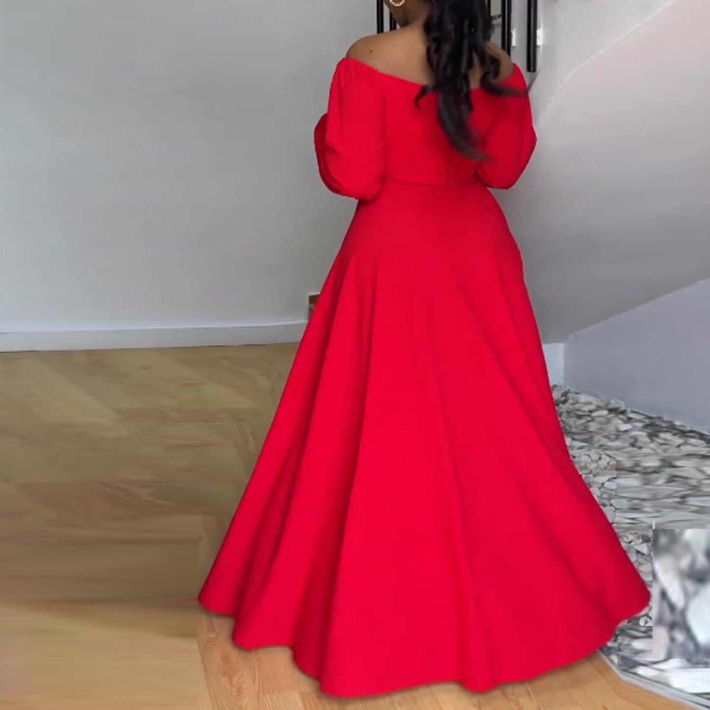 Solid Color Off Shoulder High Waist Slit Large Skirt Lantern Sleeve Two Piece Skirt