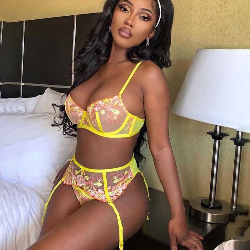 Sexy See-through Mesh Embroidered Printed Garter Three Piece Set Sexy Suit