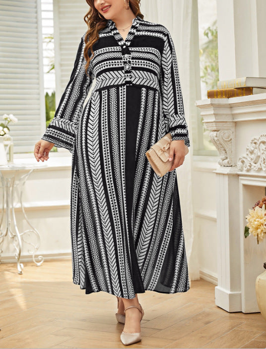 Plus Size Loose Retro Printed Shirt Collar Office Artistic Button Waist Dress Shirt