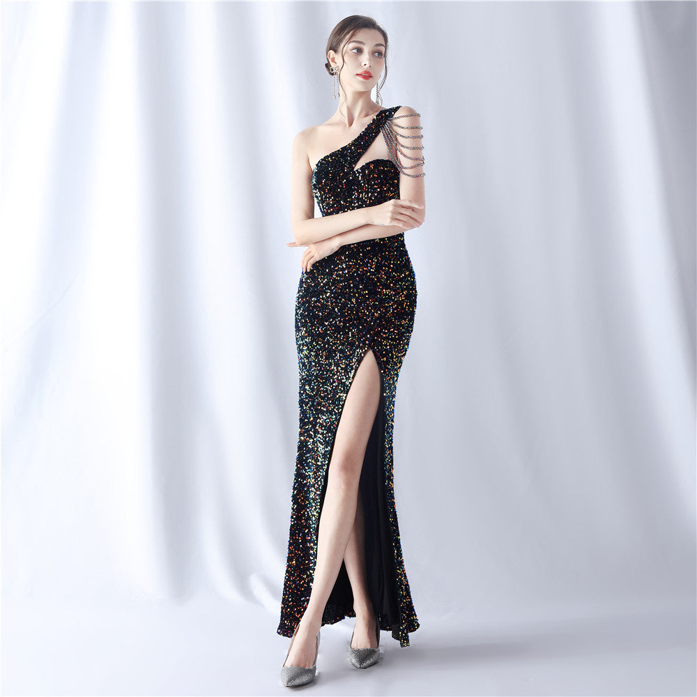 Handmade Beaded Velvet Bottom Sequin Dinner Annual Meeting Wedding Evening Dress