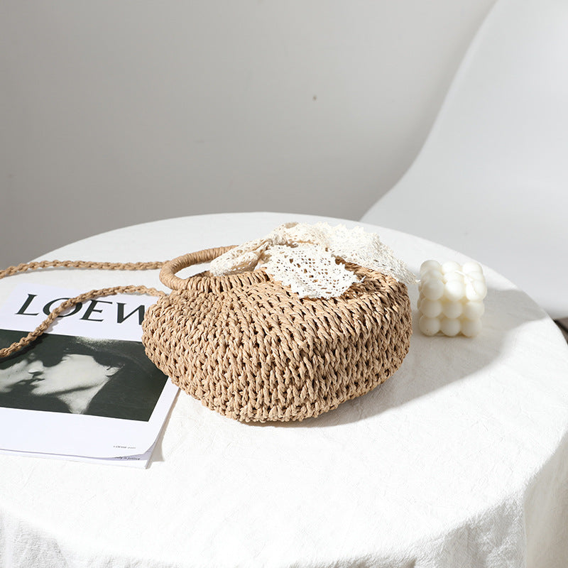 Crossbody Small Bag for Women Lace Bow Hand Woven Bag Shoulder Portable Crossbody Straw Woven Bag