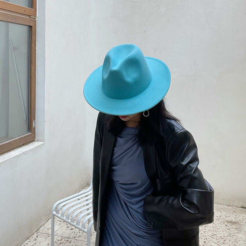 Internet Famous Hat Women Autumn Winter Wide Brim Fedora Hat Candy Color Korean Faux Wool British Top Hat Felt Cap