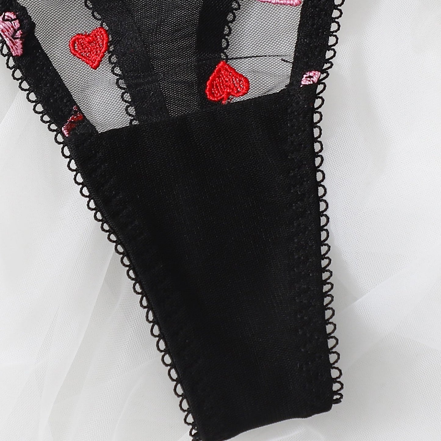 Pink Love Embroidered Transparent Black Mesh Sexy Suit