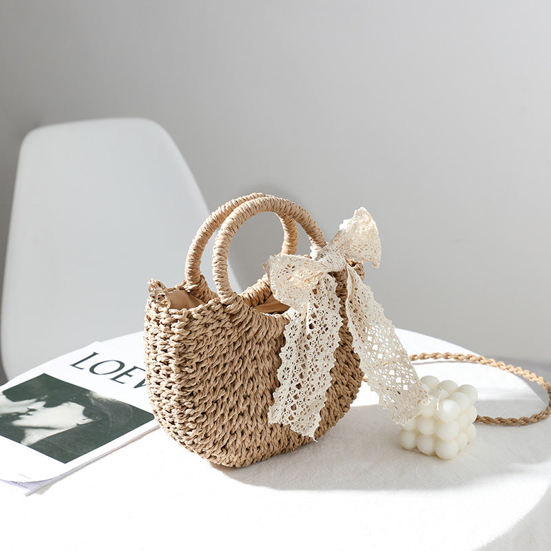 Crossbody Small Bag for Women Lace Bow Hand Woven Bag Shoulder Portable Crossbody Straw Woven Bag