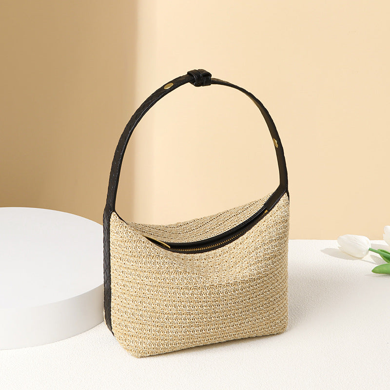 Special Interest Design French Elegant All Matching Lazy Straw Hand Carrying Lunch Box Bag One Shoulder Underarm Bag Vacation Beach Bag