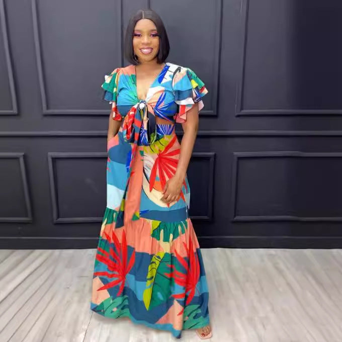 Sexy Printed Ruffled Strap Stitching Skirt Two Piece Set