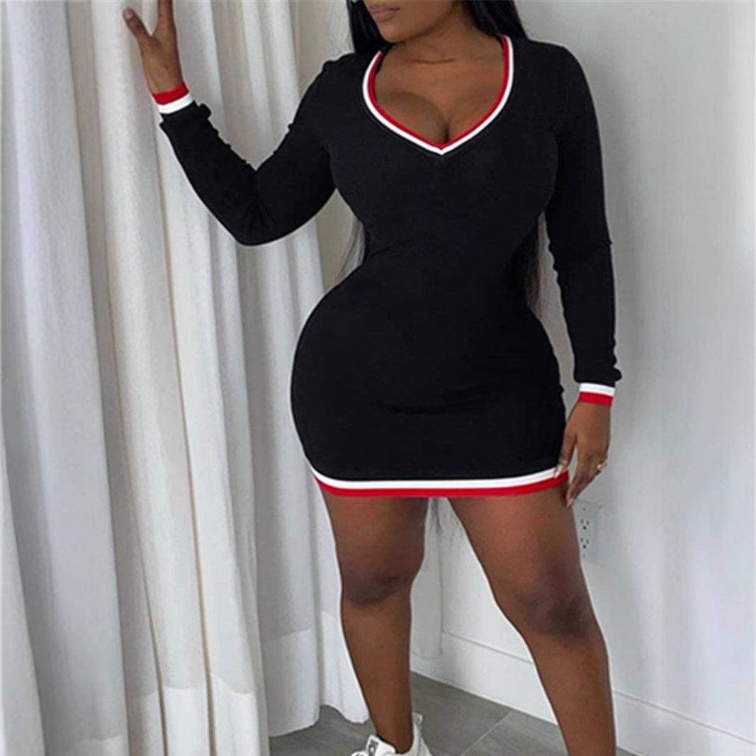 Plus Size Women Clothing Elegant Commuting Daily Slim V neck Solid Color Sheath Long Sleeve Dress