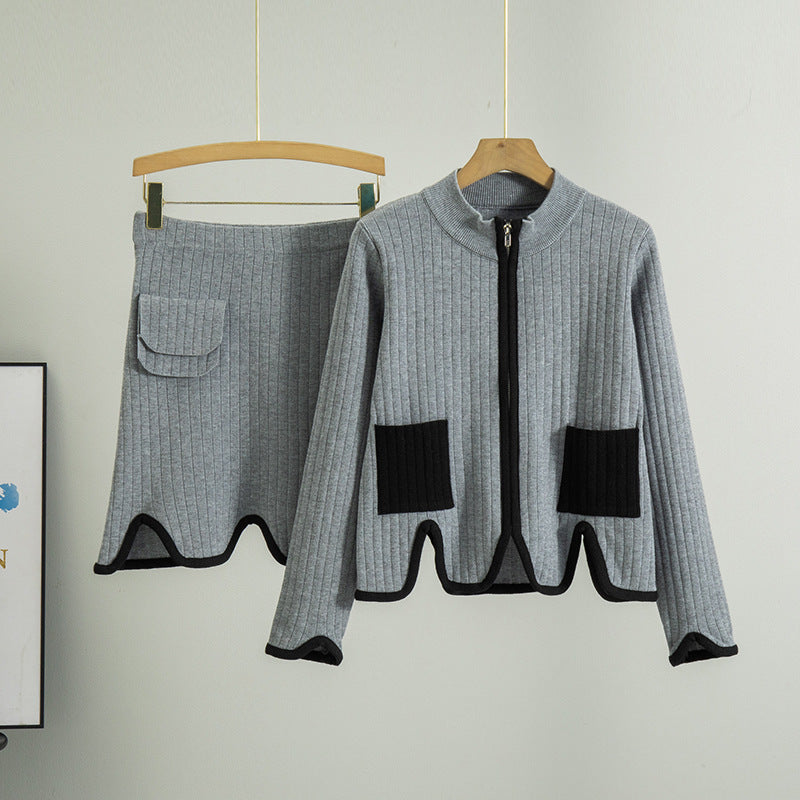 Spring Autumn High Grade Wear Light Luxury Women Knitted Zipper Cardigan Split Skirt Two Piece Sets