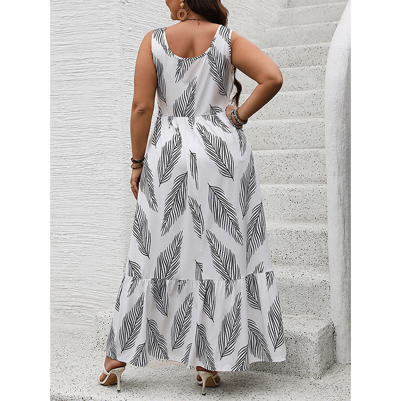 Plus Size Summer Sling Printing Sleeveless Dress Vacation Loose Casual Ladies Dress