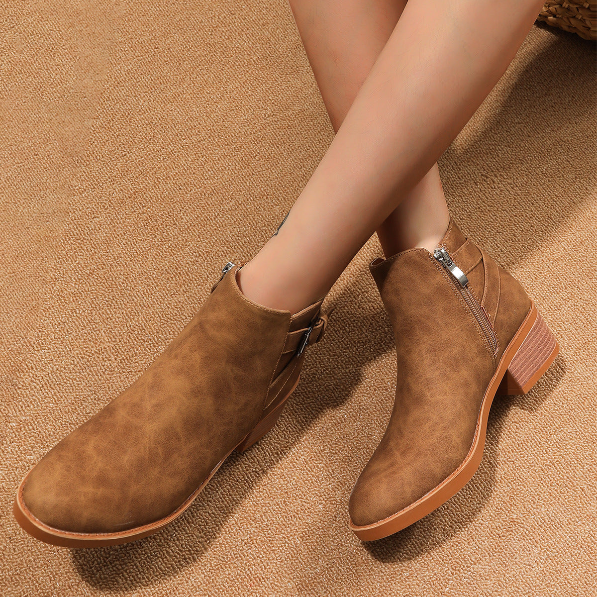 Autumn Winter Round Head Martin Boots Women Zipper Plus Size Chunky Mid Heel Booties Women