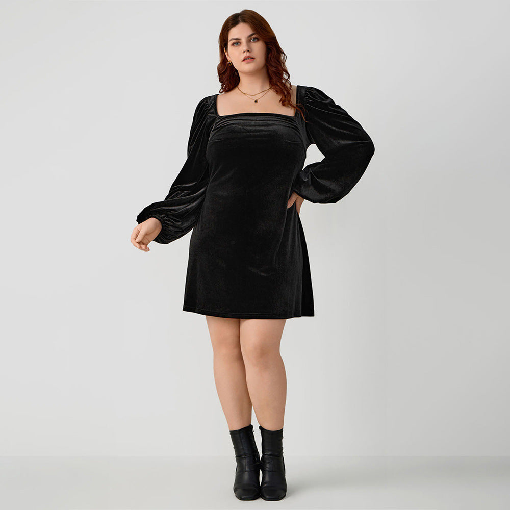 Plus Size Women Clothing Autumn Winter Square Collar Sexy Velvet Lantern Sleeve Fit Socialite Dress