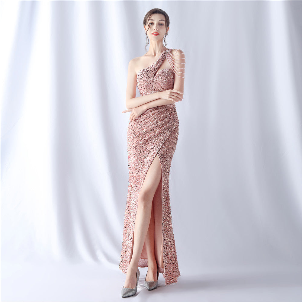 Handmade Beaded Velvet Bottom Sequin Dinner Annual Meeting Wedding Evening Dress