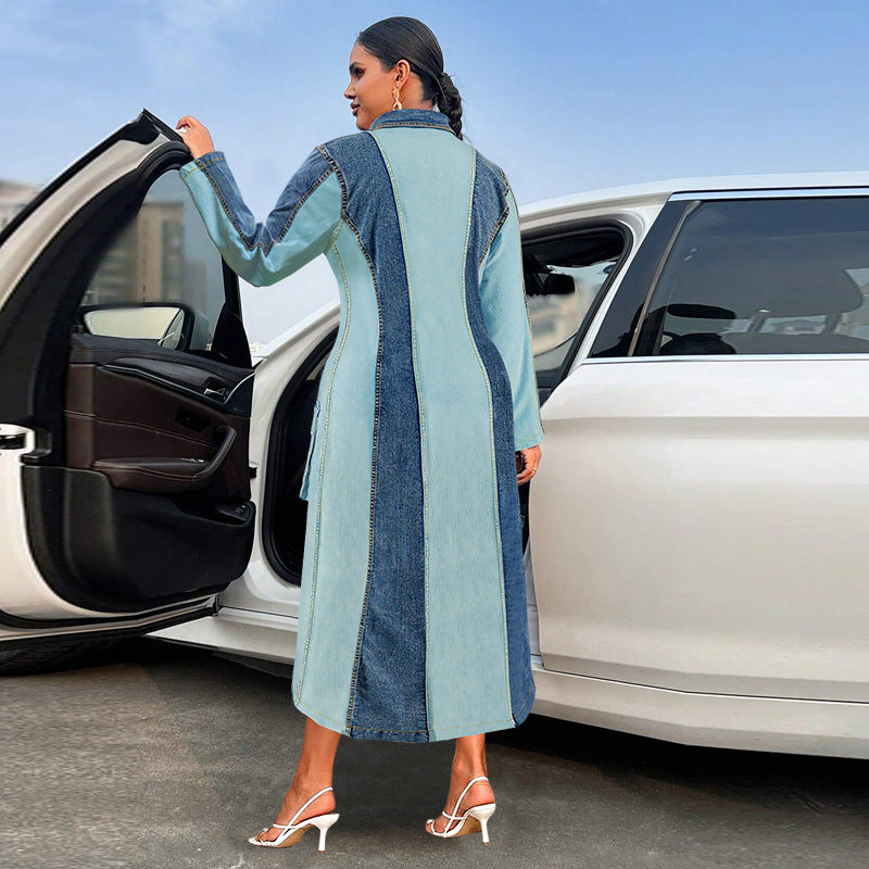 Plus Size Women Clothing Denim Stitching Collared Long Sleeve Dress