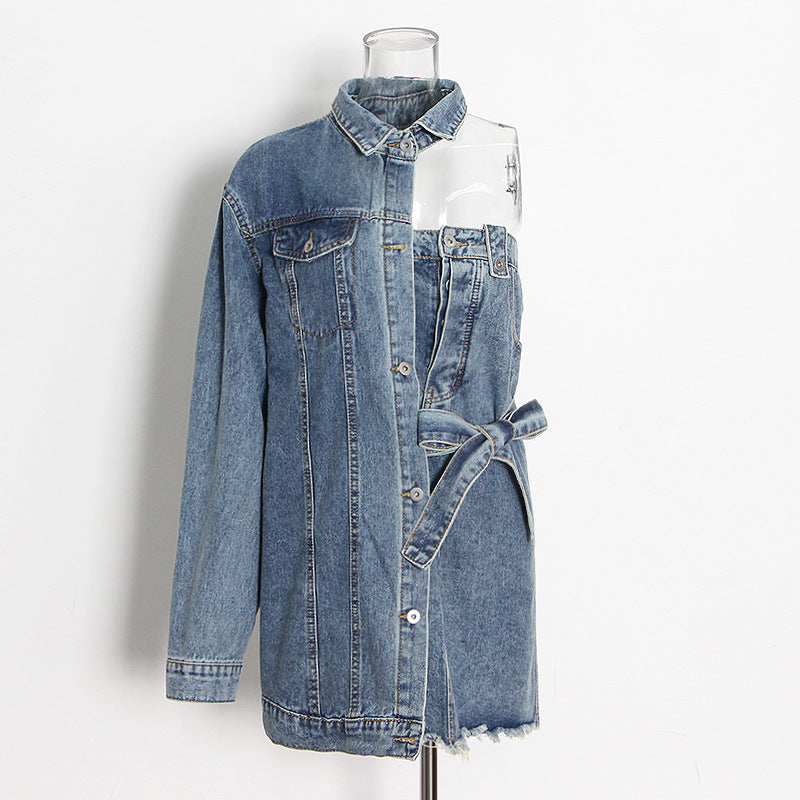 Anti-Aging Irregular Asymmetric Denim Women Autumn Polo Collar Single-Breasted One-Sleeve Short Dress Plus Size