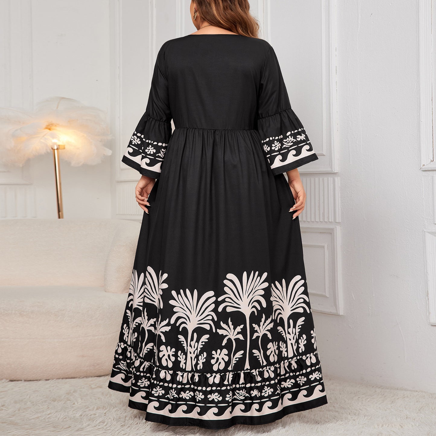 Plus Size Sleeve Loose Dress Elegant V neck Printed Maxi Dress Women
