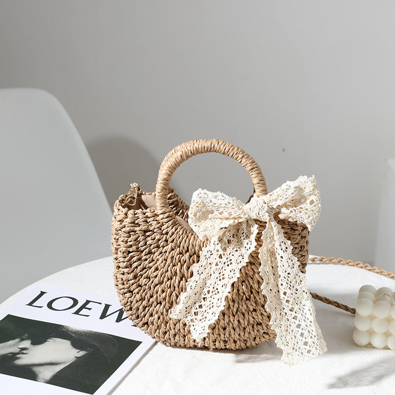 Crossbody Small Bag for Women Lace Bow Hand Woven Bag Shoulder Portable Crossbody Straw Woven Bag