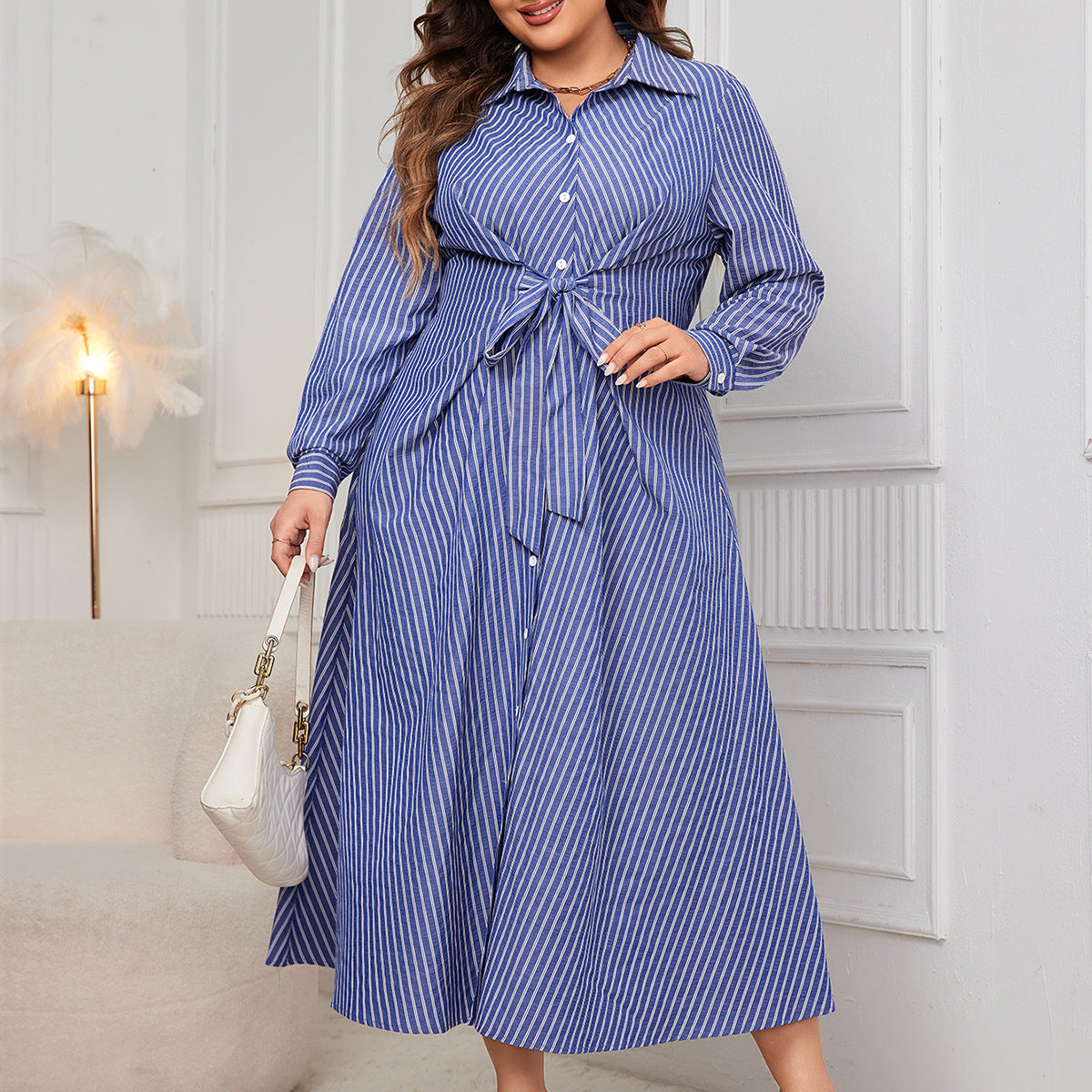 Plus Size Striped Lace up Slimming Dress Striped Long Sleeves Women Clothing Dress Women