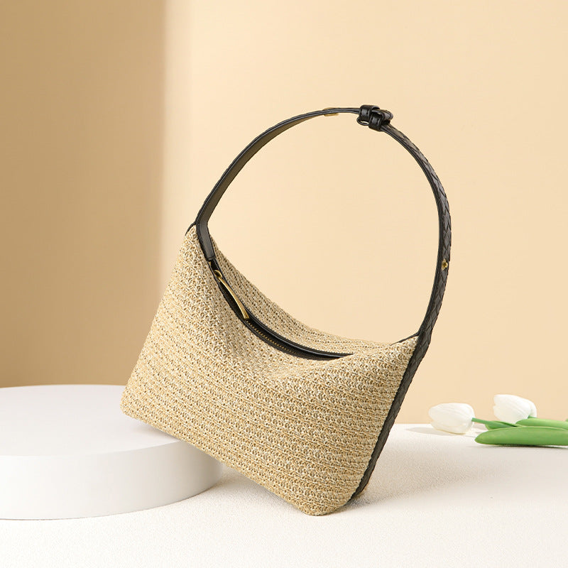 Special Interest Design French Elegant All Matching Lazy Straw Hand Carrying Lunch Box Bag One Shoulder Underarm Bag Vacation Beach Bag
