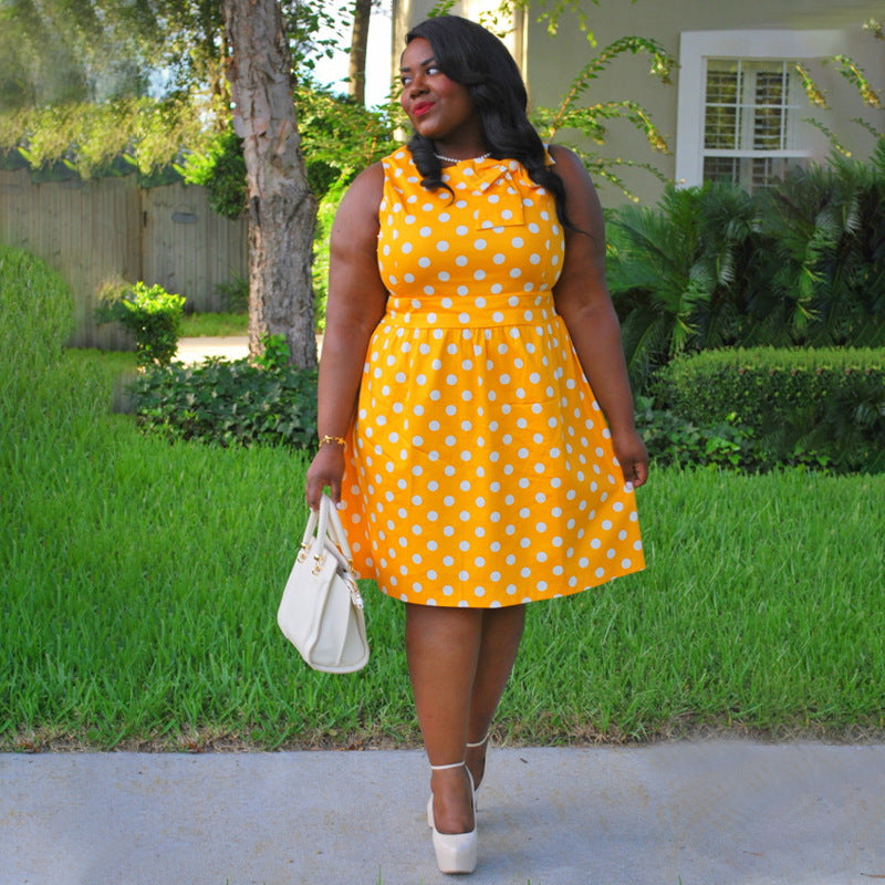 Plus Size Wish Vintage Print Stitching Bow Dress Dress