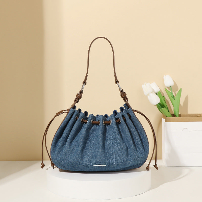 Maillard Special Interest Design Urban Simple Retro Bags Women Drawstring Contrast Color Irregular Asymmetric Selenodont Bag Underarm Bag