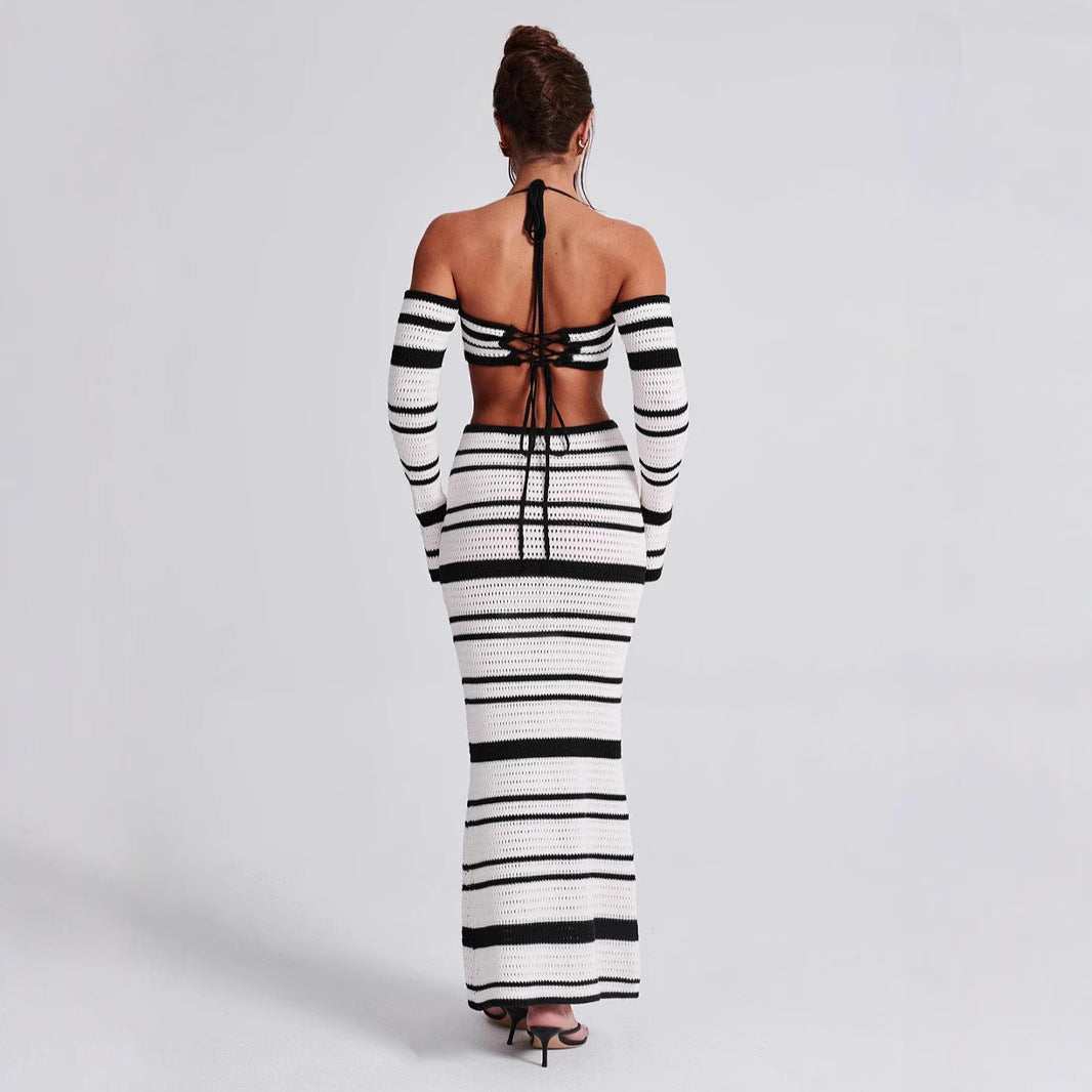 Sexy Women Summer Striped Long Sleeve Halter Top Skirt Two Piece Set for Women