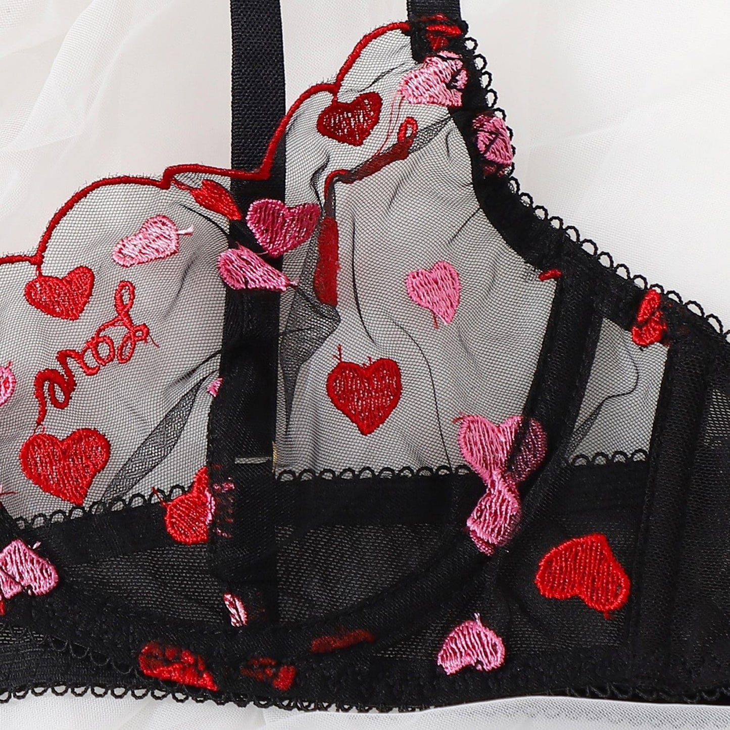 Pink Love Embroidered Transparent Black Mesh Sexy Suit