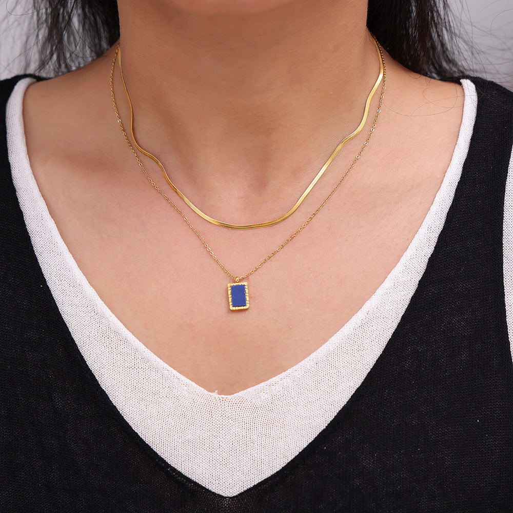 Natural Blue Lapis Lazuli Geometric Abstract Square Plate Clavicle Chain Titanium Steel Plated 18K Gold Stacked Necklace for Women