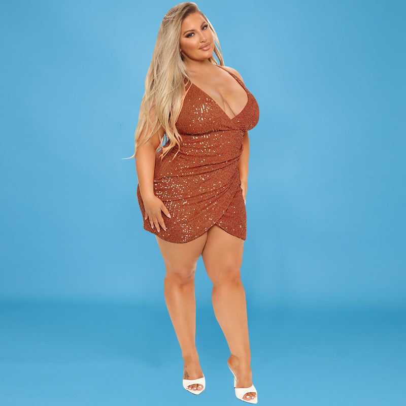 Plus Size Women Clothing Autumn Embroidery Beads Sexy Halter Dress