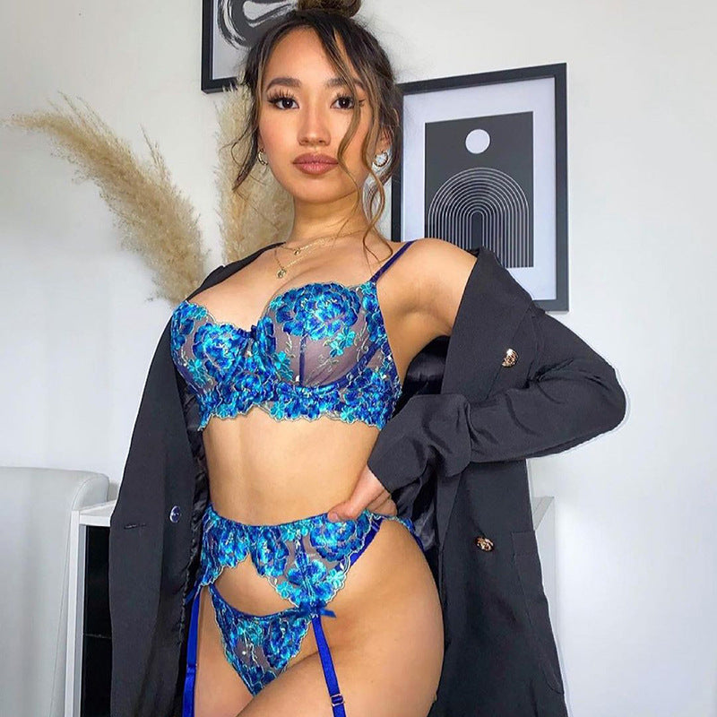 Supply September Sexy Blue Embroidery Three-Piece Set Sexy Suit