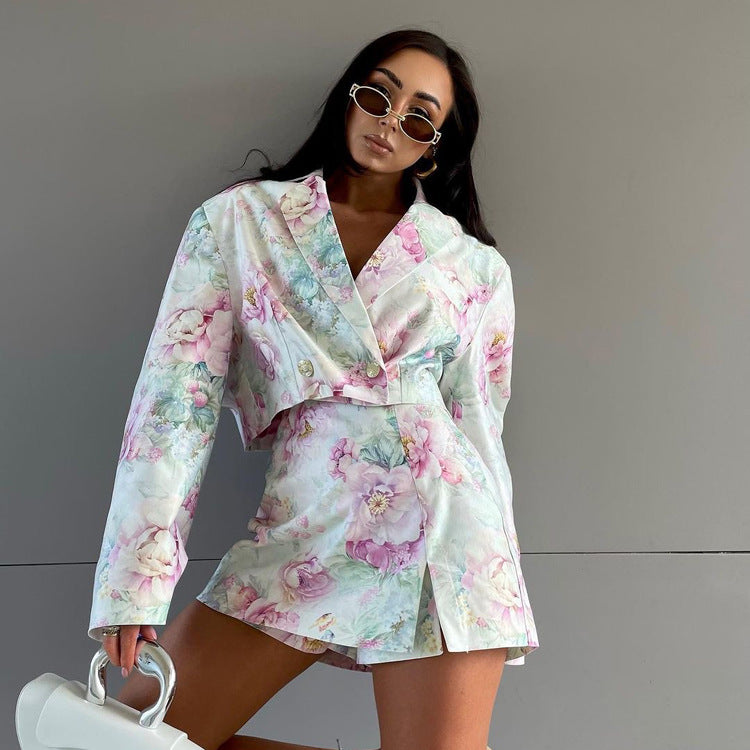 Loose Skirt Two Piece Set Long Sleeve Collared Top Printed High Waist Skirt Sets