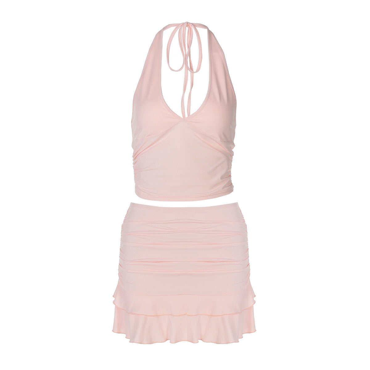 Sexy V neck Hollow Out Cutout out Halter Vest Tight Ultra Short Solid Color Stringy Selvedge Skirt Outfit Two Piece Set