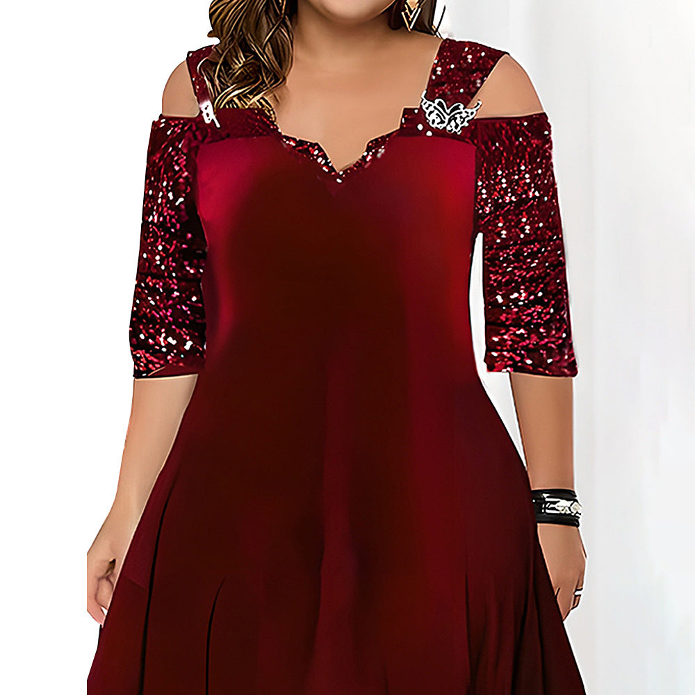 plus Size Solid Color Sequin Large Swing Dress Autumn Clothes plus Size Women Clothes Maxi Dress